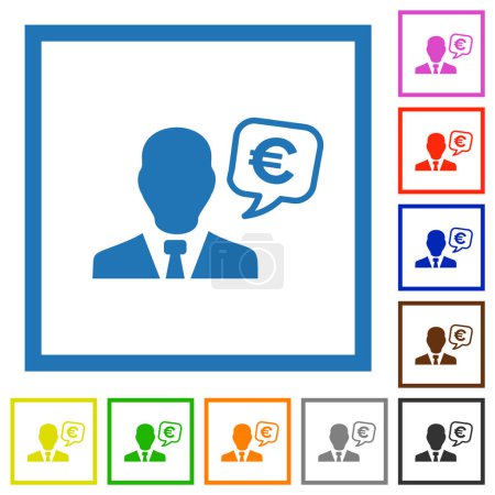 Téléchargez les illustrations : European Euro Financial Advisor icônes de couleur plate dans des cadres carrés sur fond blanc - en licence libre de droit