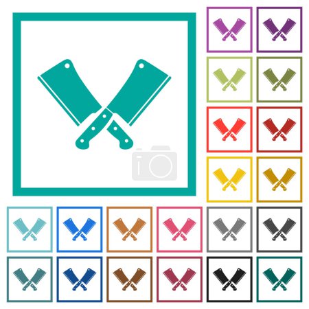 Ilustración de Dos cuchillas de carne cruzadas iconos de color plano con marcos de cuadrante sobre fondo blanco - Imagen libre de derechos