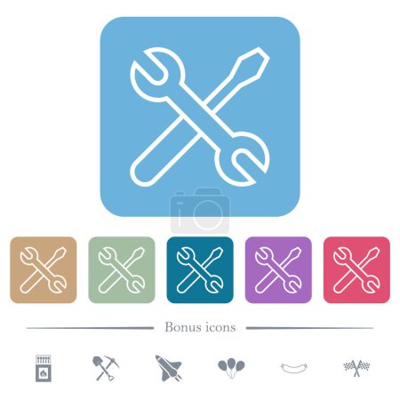 Illustration for Crossed wrench and screwdriver outline white flat icons on color rounded square backgrounds. 6 bonus icons included - Royalty Free Image