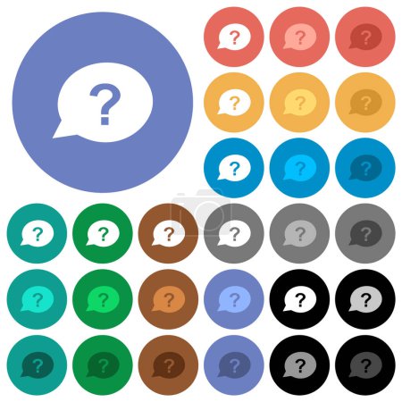 Ilustración de Oval ayuda a chat burbuja sólida iconos planos multicolores en fondos redondos. Incluye variaciones de iconos blancos, claros y oscuros para efectos de flotación y estado activo, y tonos de bonificación. - Imagen libre de derechos