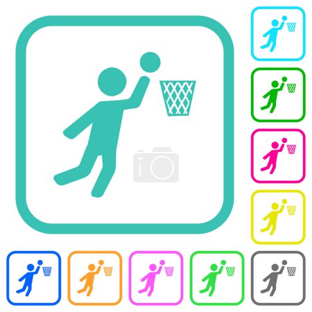 Téléchargez les illustrations : Joueur de basket-ball vives icônes plates de couleur dans les bordures incurvées sur fond blanc - en licence libre de droit