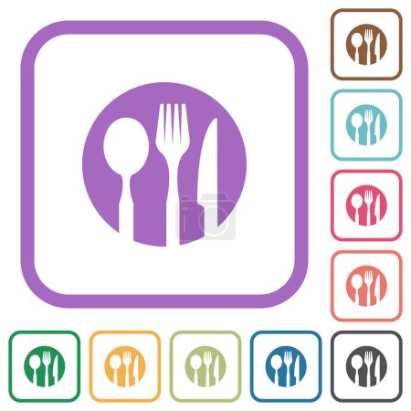 Illustration for Tableware set solid simple icons in color rounded square frames on white background - Royalty Free Image