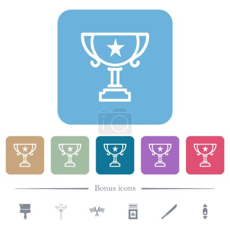 Ilustración de Copa de trofeos con el contorno de estrellas iconos blancos planos sobre fondos cuadrados redondeados de color. 6 iconos de bonificación incluidos - Imagen libre de derechos