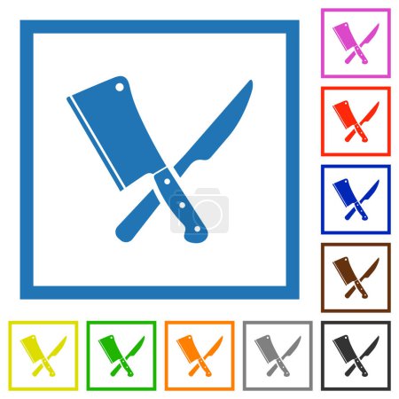 Illustration for Crossed meat cleaver and knife flat color icons in square frames on white background - Royalty Free Image