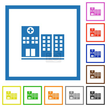Téléchargez les illustrations : Hôpital des icônes de couleur plate dans des cadres carrés sur fond blanc - en licence libre de droit