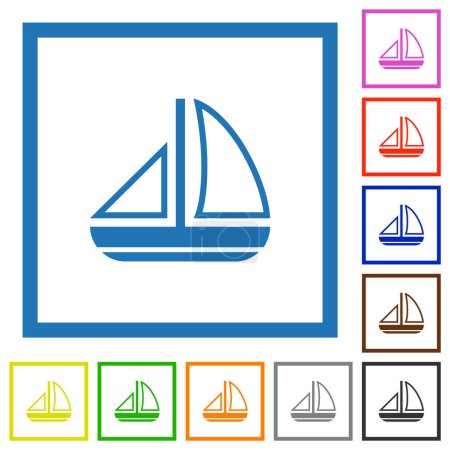 Illustration for Sailing boat outline flat color icons in square frames on white background - Royalty Free Image