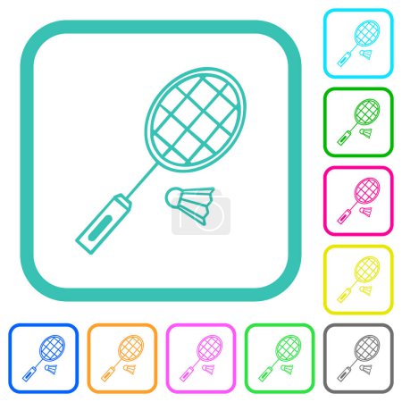 Téléchargez les illustrations : Raquette de badminton et navette contour vif icônes plates de couleur dans les bordures incurvées sur fond blanc - en licence libre de droit