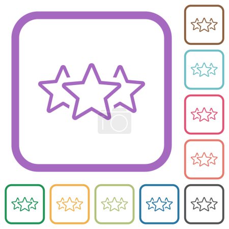 Ilustración de Clasificación de tres estrellas esbozan iconos simples en marcos cuadrados redondeados en color sobre fondo blanco - Imagen libre de derechos