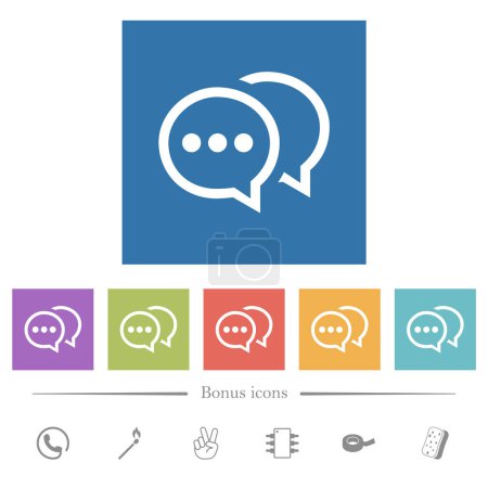 Illustration for Two oval active chat bubbles outline flat white icons in square backgrounds. 6 bonus icons included. - Royalty Free Image