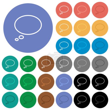 Ilustración de Solo pensamiento oval burbuja contorno iconos planos multicolores sobre fondos redondos. Incluye variaciones de iconos blancos, claros y oscuros para efectos de flotación y estado activo, y tonos de bonificación. - Imagen libre de derechos