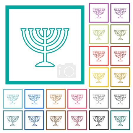 Illustration for Menorah outline flat color icons with quadrant frames on white background - Royalty Free Image