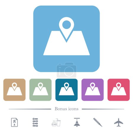 Téléchargez les illustrations : Icônes plates blanches de planification d'itinéraire GPS sur fond carré arrondi de couleur. 6 icônes bonus incluses - en licence libre de droit