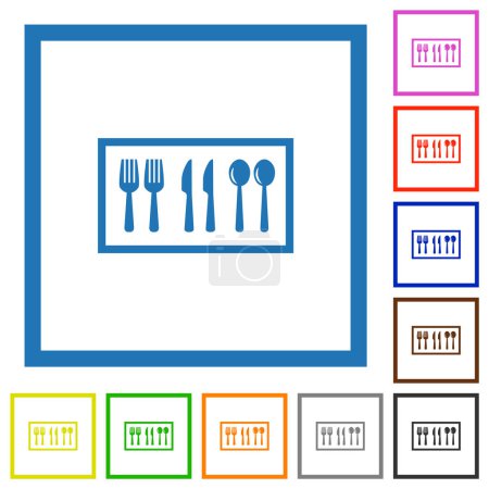 Téléchargez les illustrations : Flatware boîte des icônes de couleur plates dans des cadres carrés sur fond blanc - en licence libre de droit