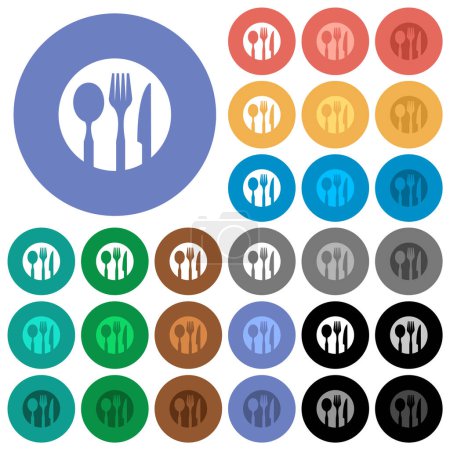 Illustration for Tableware set solid multi colored flat icons on round backgrounds. Included white, light and dark icon variations for hover and active status effects, and bonus shades. - Royalty Free Image