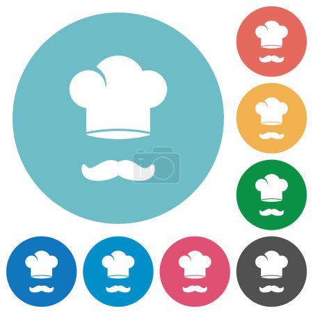 Ilustración de Sombrero de chef y bigote iconos blancos planos sobre fondos de color redondo - Imagen libre de derechos
