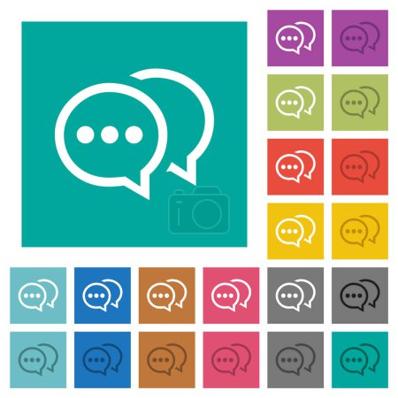 Illustration for Two oval active chat bubbles outline multi colored flat icons on plain square backgrounds. Included white and darker icon variations for hover or active effects. - Royalty Free Image