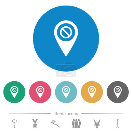 Illustration for GPS location disabled flat white icons on round color backgrounds. 6 bonus icons included. - Royalty Free Image