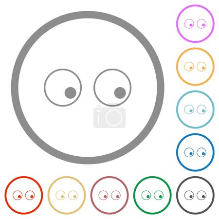Téléchargez les illustrations : Regarder les yeux dessiner des icônes de couleur plate dans des contours ronds sur fond blanc - en licence libre de droit