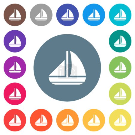 Ilustración de Barco de vela iconos blancos planos sólidos sobre fondos de color redondo. 17 variaciones de color de fondo se incluyen. - Imagen libre de derechos