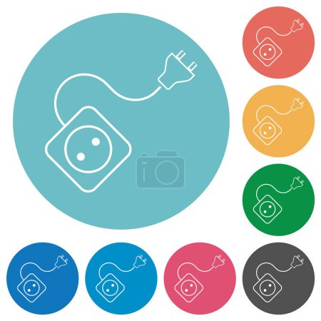 Illustration for Portable electrical outlet with one socket and extension cord and plug outline flat white icons on round color backgrounds - Royalty Free Image