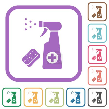 Ilustración de Spray de desinfección y esponja iconos simples en marcos cuadrados redondeados de color sobre fondo blanco - Imagen libre de derechos