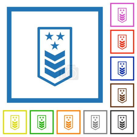 Téléchargez les illustrations : Insigne militaire avec trois chevrons et trois étoiles couleurs plates icônes dans des cadres carrés sur fond blanc - en licence libre de droit