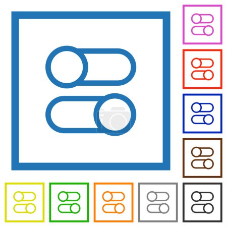 Téléchargez les illustrations : Les commutateurs à bascule horizontaux dessinent des icônes de couleur plates dans des cadres carrés sur fond blanc - en licence libre de droit
