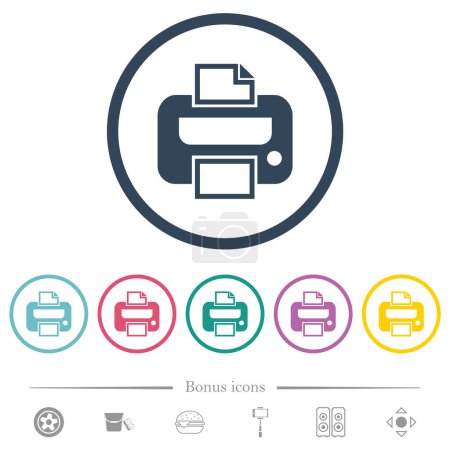 Illustration for Printer flat color icons in round outlines. 6 bonus icons included. - Royalty Free Image