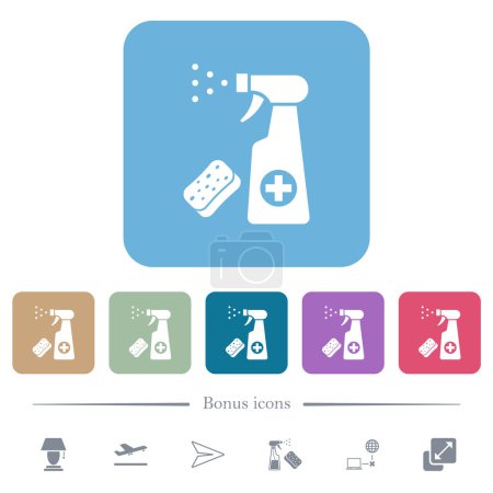 Ilustración de Spray de desinfección y esponja iconos planos blancos sobre fondos cuadrados redondeados de color. 6 iconos de bonificación incluidos - Imagen libre de derechos