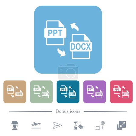 Téléchargez les illustrations : PPT DOCX conversion de fichiers icônes plates blanches sur fond carré arrondi de couleur. 6 icônes bonus incluses - en licence libre de droit