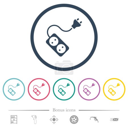 Illustration for Portable electrical outlet with two sockets and extension cord and plug solid flat color icons in round outlines. 6 bonus icons included. - Royalty Free Image