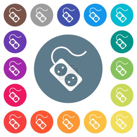 Illustration for Portable electrical outlet with two sockets and extension cord and plug solid flat white icons on round color backgrounds. 17 background color variations are included. - Royalty Free Image
