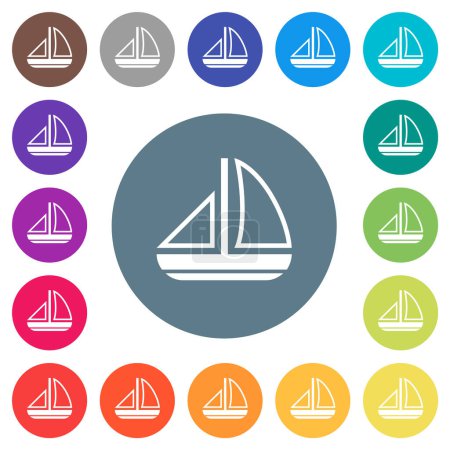 Illustration for Sailing boat outline flat white icons on round color backgrounds. 17 background color variations are included. - Royalty Free Image