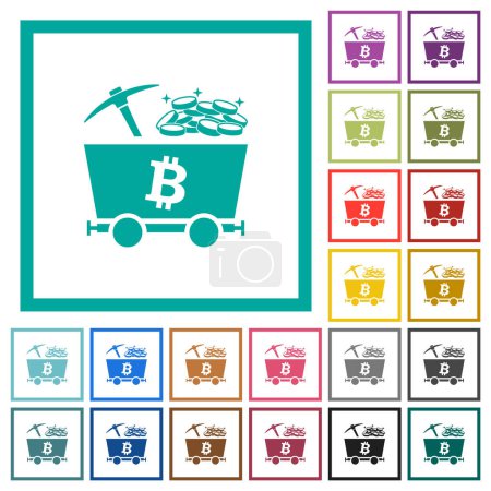 Illustration for Bitcoin cryptocurrency mining with treasure flat color icons with quadrant frames on white background - Royalty Free Image