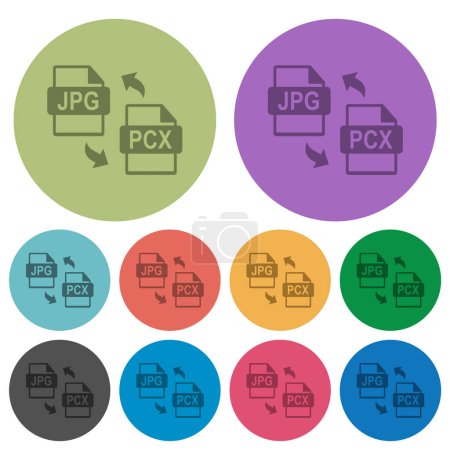 Téléchargez les illustrations : Conversion de fichier JPG PCX icônes plates plus sombres sur fond rond couleur - en licence libre de droit