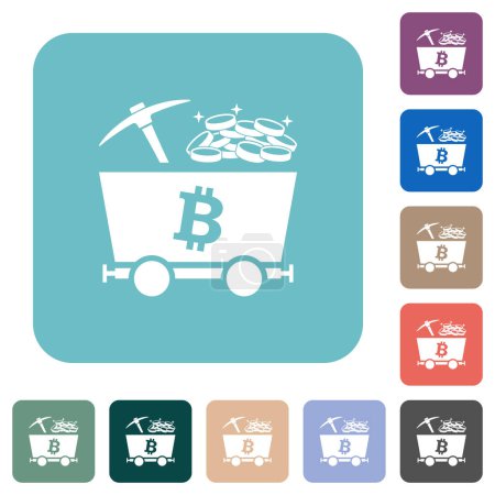Illustration for Bitcoin cryptocurrency mining with treasure white flat icons on color rounded square backgrounds - Royalty Free Image