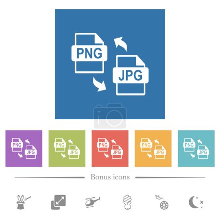 Téléchargez les illustrations : PNG JPG conversion de fichiers plats icônes blanches dans des milieux carrés. 6 icônes bonus incluses. - en licence libre de droit