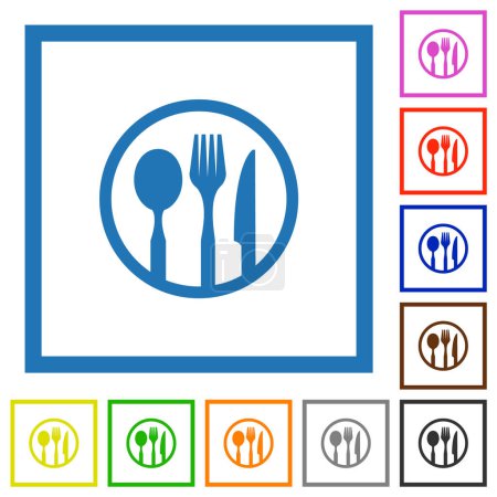 Illustration for Tableware set outline flat color icons in square frames on white background - Royalty Free Image