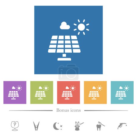Illustration for Solar energy flat white icons in square backgrounds. 6 bonus icons included. - Royalty Free Image