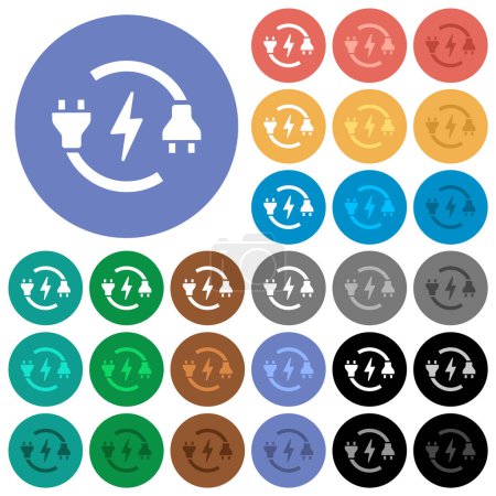 Illustration for Electrical circuit with plug and cord multi colored flat icons on round backgrounds. Included white, light and dark icon variations for hover and active status effects, and bonus shades. - Royalty Free Image