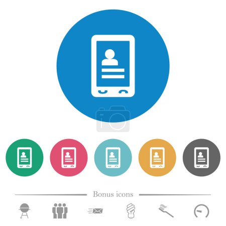 Ilustración de Contactos móviles planos iconos blancos sobre fondos de color redondos. 6 iconos de bonificación incluidos. - Imagen libre de derechos