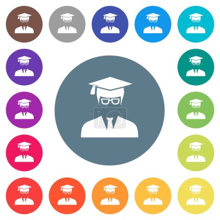 Illustration for Graduate male avatar flat white icons on round color backgrounds. 17 background color variations are included. - Royalty Free Image