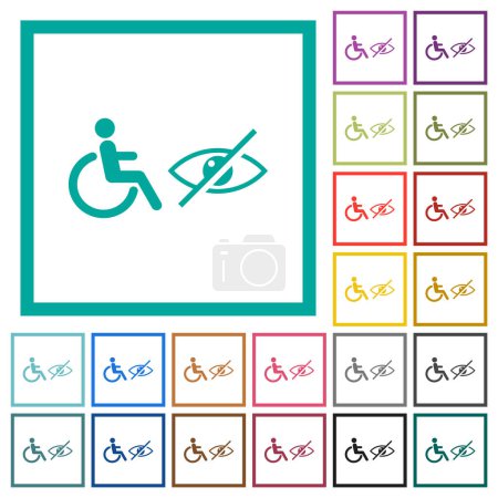 Ilustración de Silla de ruedas y símbolos con discapacidad visual iconos de color plano con marcos de cuadrante sobre fondo blanco - Imagen libre de derechos
