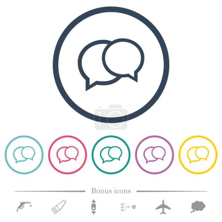 Illustration for Two oval chat bubbles outline flat color icons in round outlines. 6 bonus icons included. - Royalty Free Image