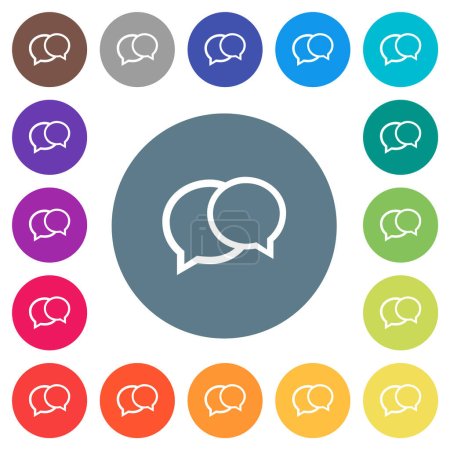 Illustration for Two oval chat bubbles outline flat white icons on round color backgrounds. 17 background color variations are included. - Royalty Free Image