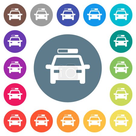 Illustration for Police car flat white icons on round color backgrounds. 17 background color variations are included. - Royalty Free Image