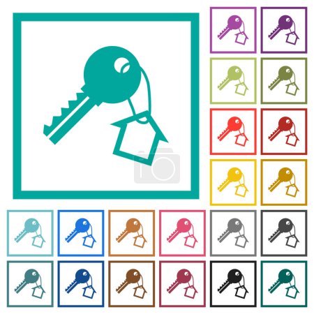 Illustration for Key and small house on the key ring flat color icons with quadrant frames on white background - Royalty Free Image