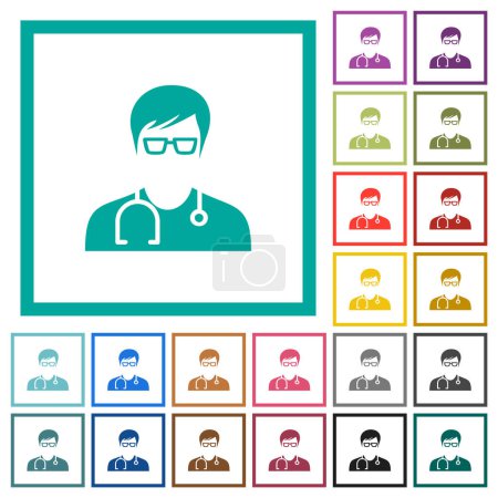 Illustration for Medic with glasses avatar flat color icons with quadrant frames on white background - Royalty Free Image