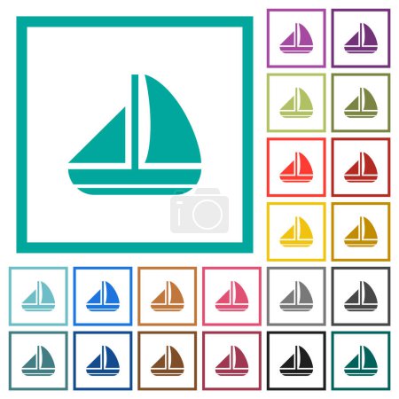 Illustration for Sailing boat solid flat color icons with quadrant frames on white background - Royalty Free Image