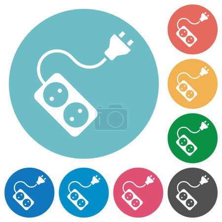 Illustration for Portable electrical outlet with two sockets and extension cord and plug solid flat white icons on round color backgrounds - Royalty Free Image